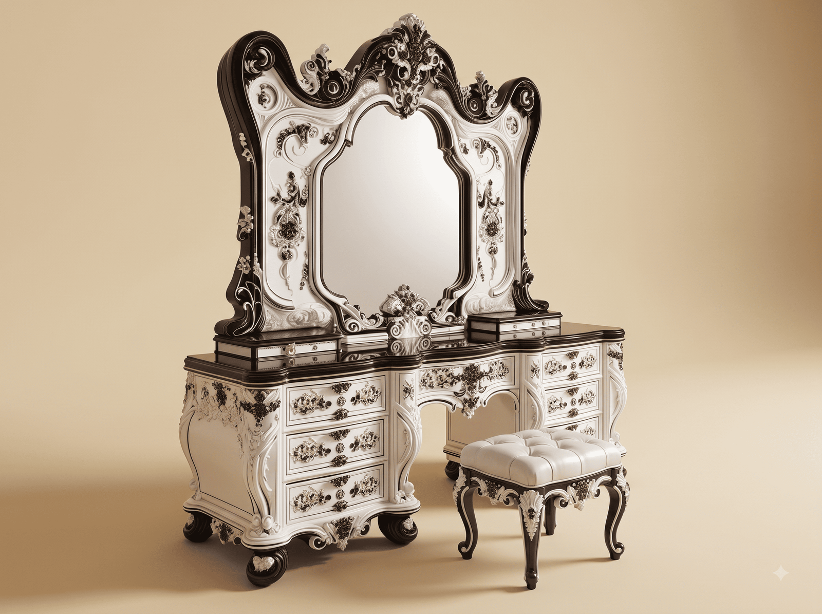 Royal Dressing Table in Carved Teak - White and Ebony Baroque Vanity