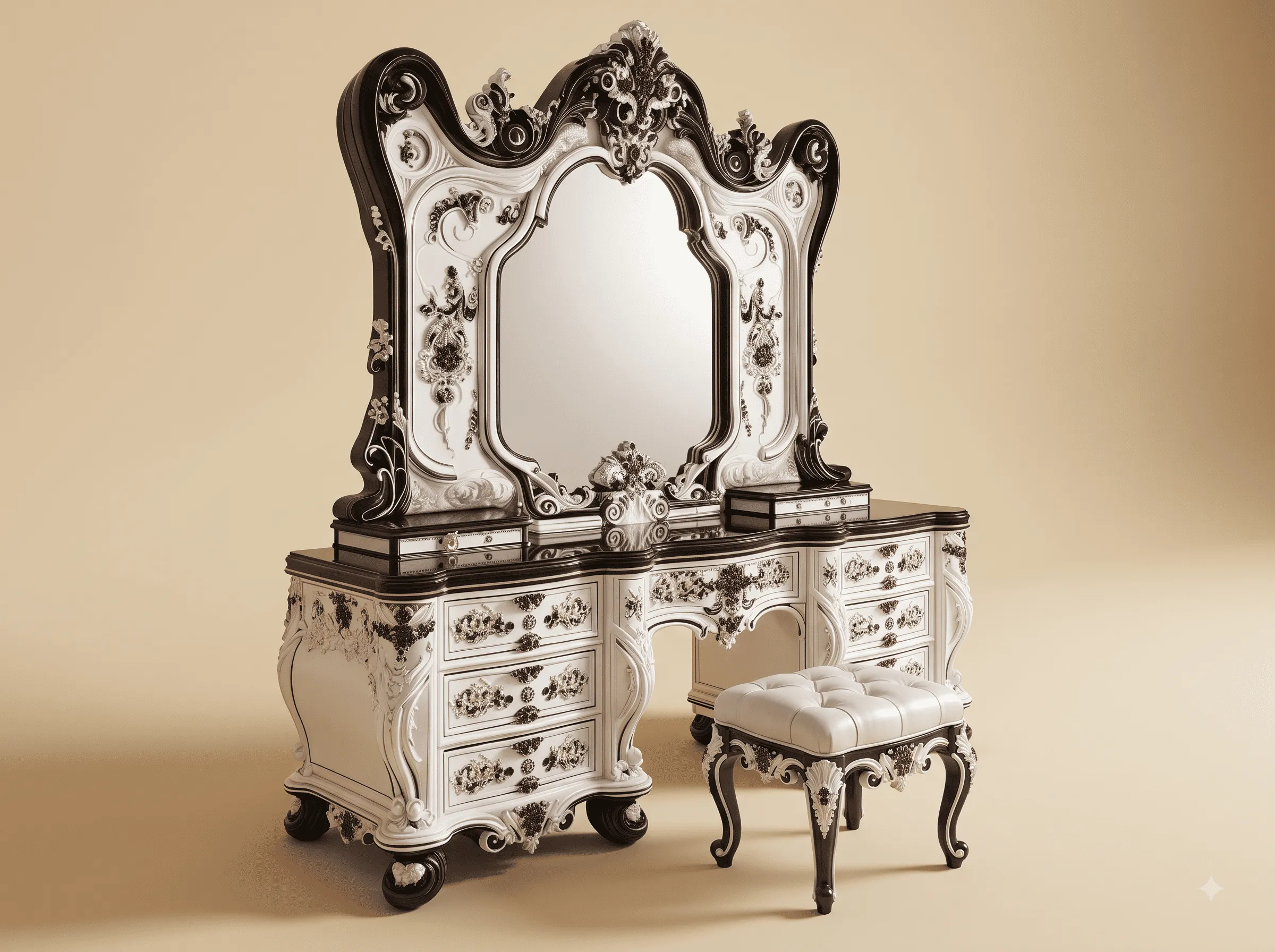 Royal Dressing Table in Carved Teak - White and Ebony Baroque Vanity