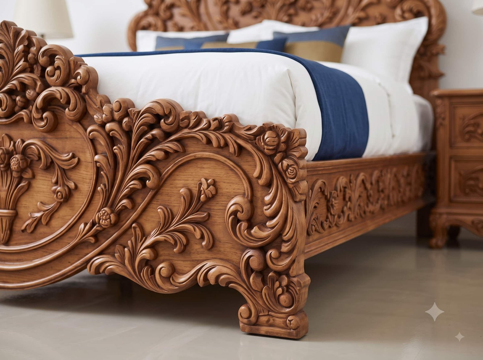 Solid Teak Bed in Natural Finish - Tall Pierced Headboard with Flowers - Image 2