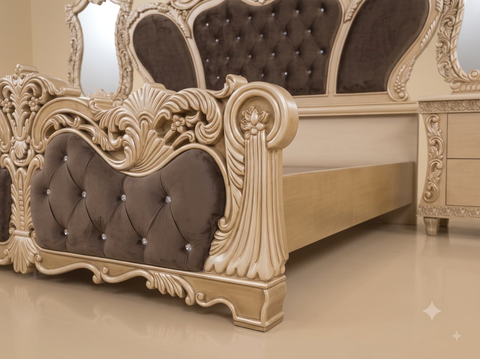 Designer Bedroom Set in Carved Teak - Cream Frame with Brown Velvet - Image 2