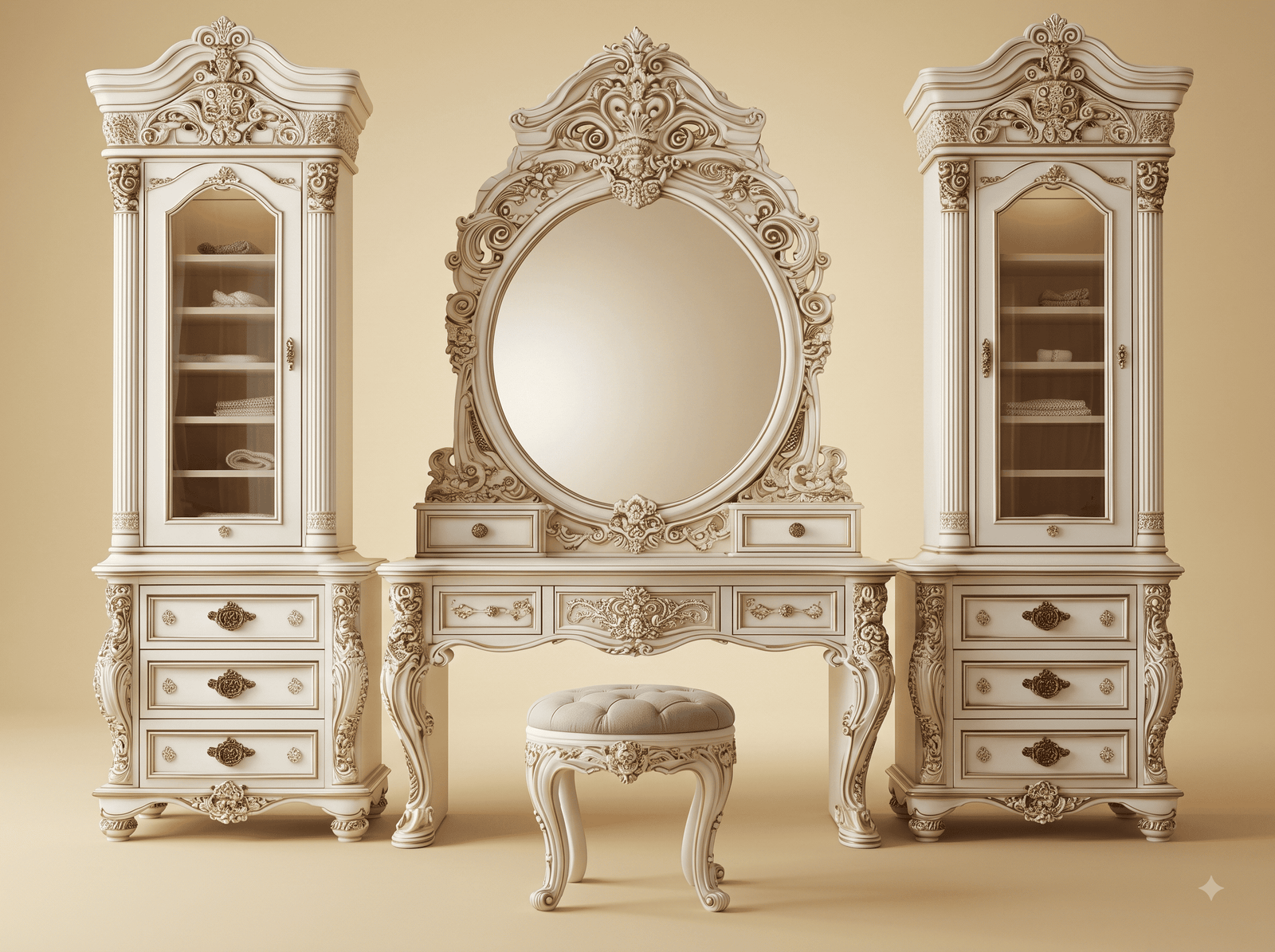 Dressing Table Set in Carved Teak - Ivory with Glazed Side Cabinets