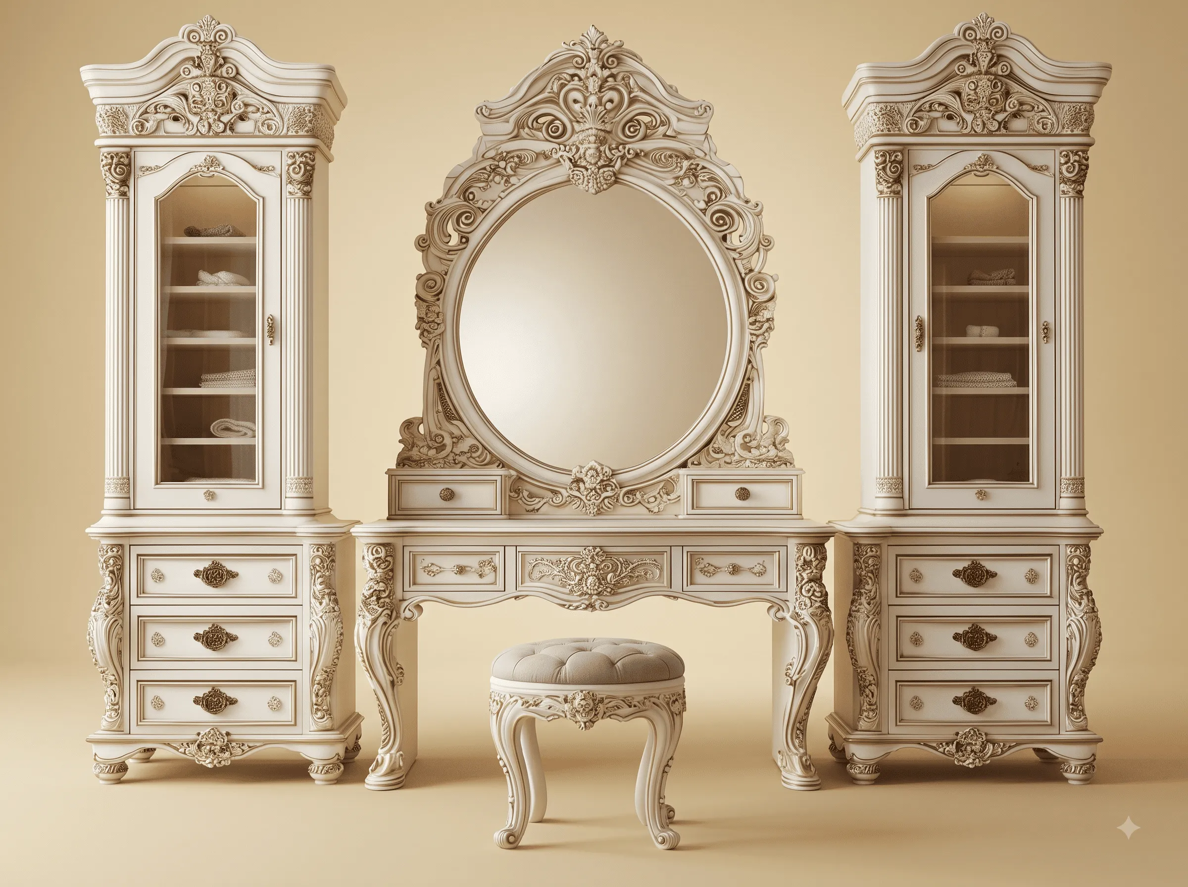 Dressing Table Set in Carved Teak - Ivory with Glazed Side Cabinets