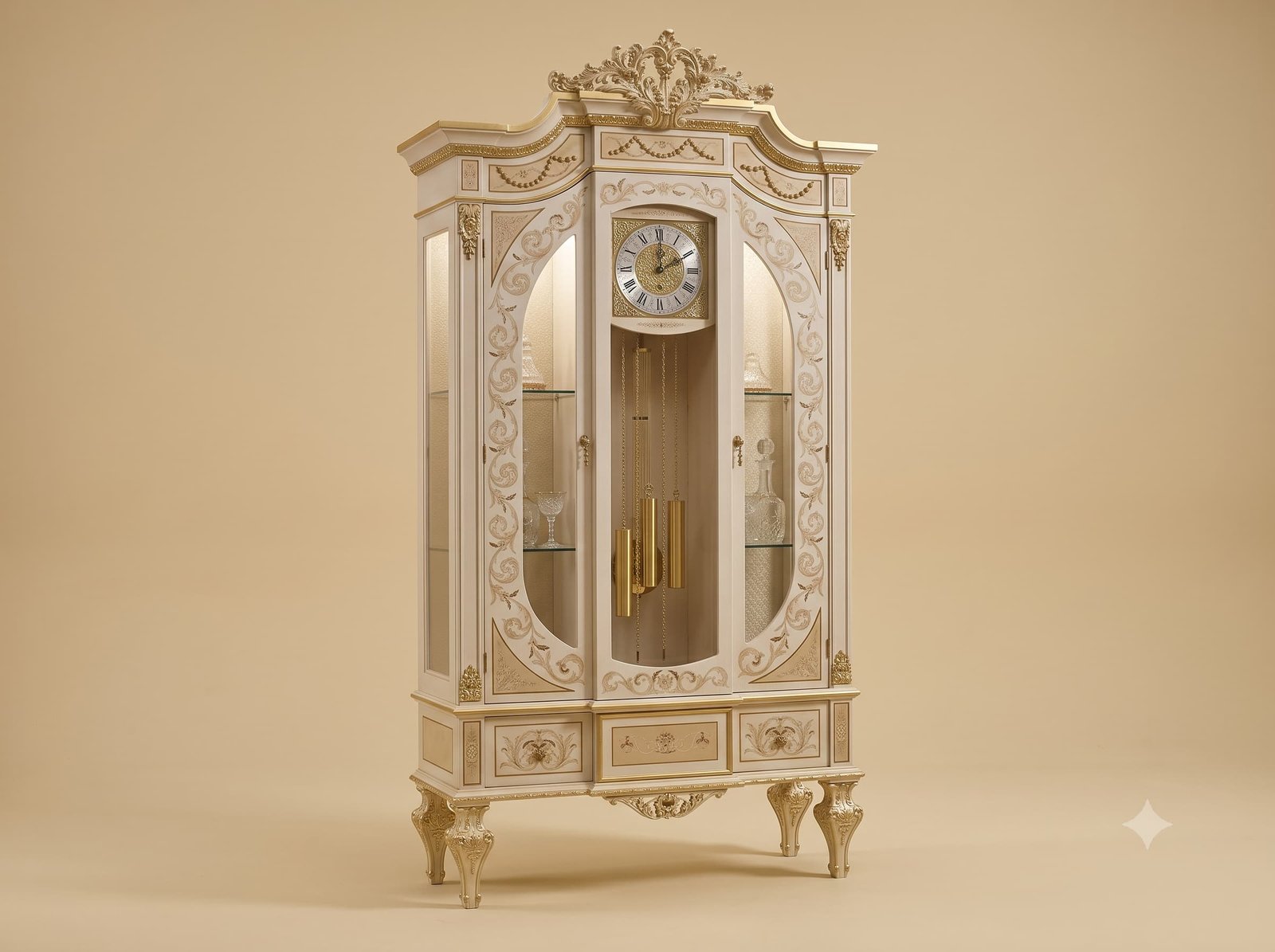 Display Cabinet with Clock in Ivory and Gold on Carved Legs