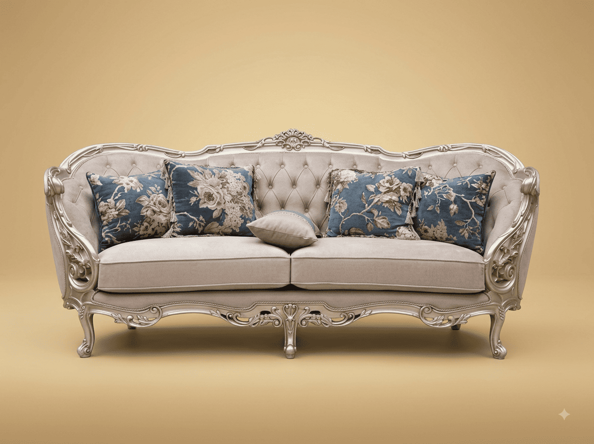 Royal Luxury Handcrafted Carved Teak Sofa | Silver Leaf and Linen Tufted