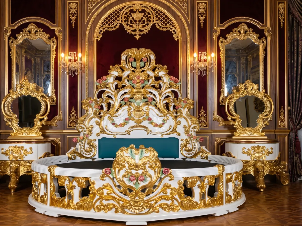 Luxurious Antique Round Bed Featuring Ornate Hand-Painted Heavy Floral Carved Headboard