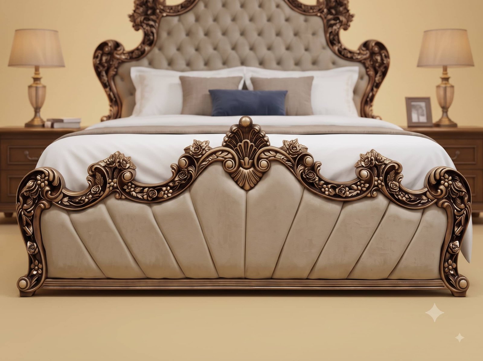 Tufted Bed in Carved Teak - Beige Upholstery with Copper Carving - Image 3