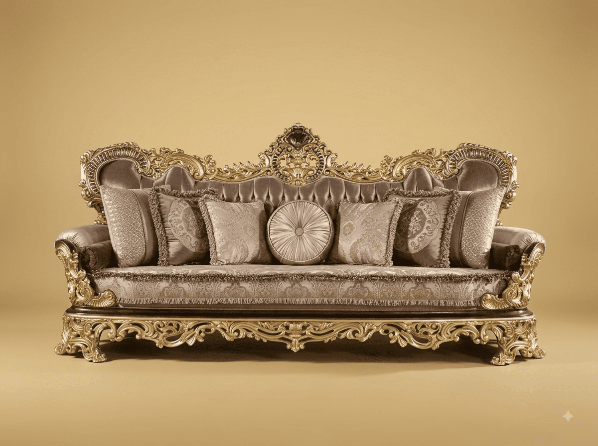 Royal Luxury Handcrafted Carved Teak Sofa | Gold and Taupe Fringed Silk
