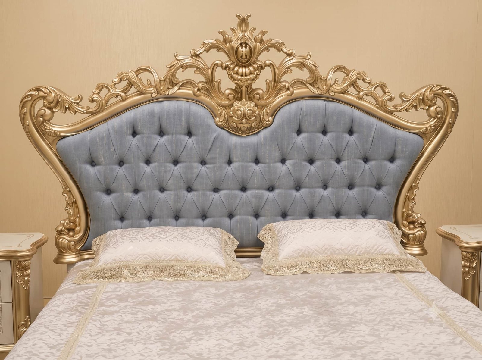 Upholstered Bed Design in Carved Teak - Grey Blue with Champagne Gold - Image 4