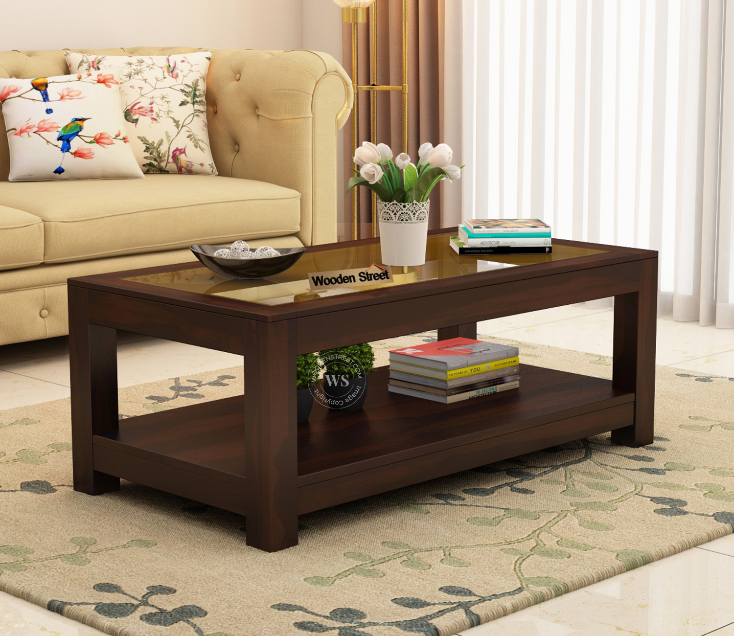Elegant Hand Crafted Solid Wood Coffee Table | Premium Carved Teak Wood Centre Table for Living Room with Natural Finish – Image 4