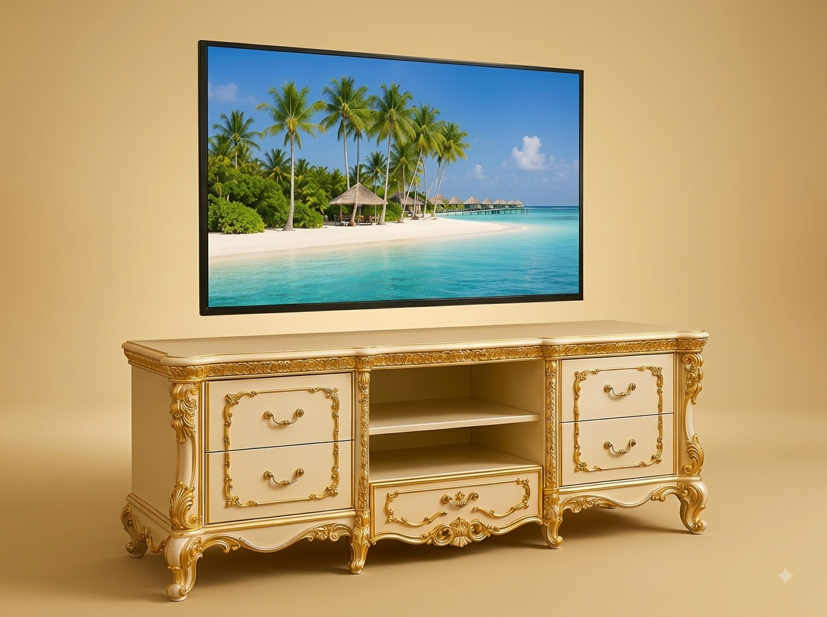 Handcrafted Teak Wood TV Unit | Cream and Gold Leaf Carved Drawer Console