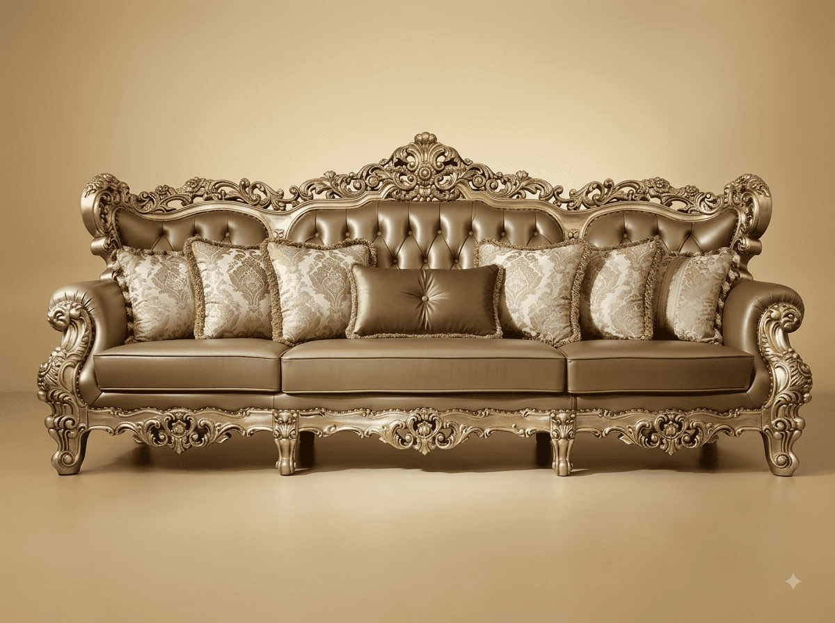 Royal Luxury Handcrafted Carved Teak Leather Sofa | Champagne and Bronze
