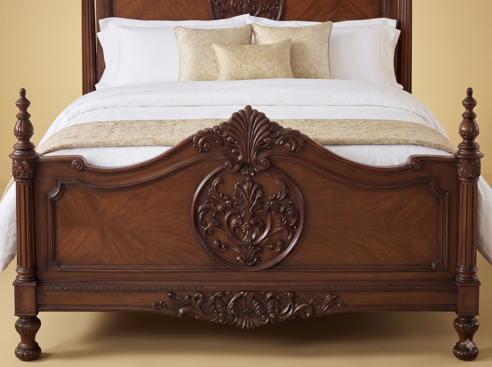 Poster Bed in Carved Teak - Walnut Finish with Arched Crown Headboard - Image 3