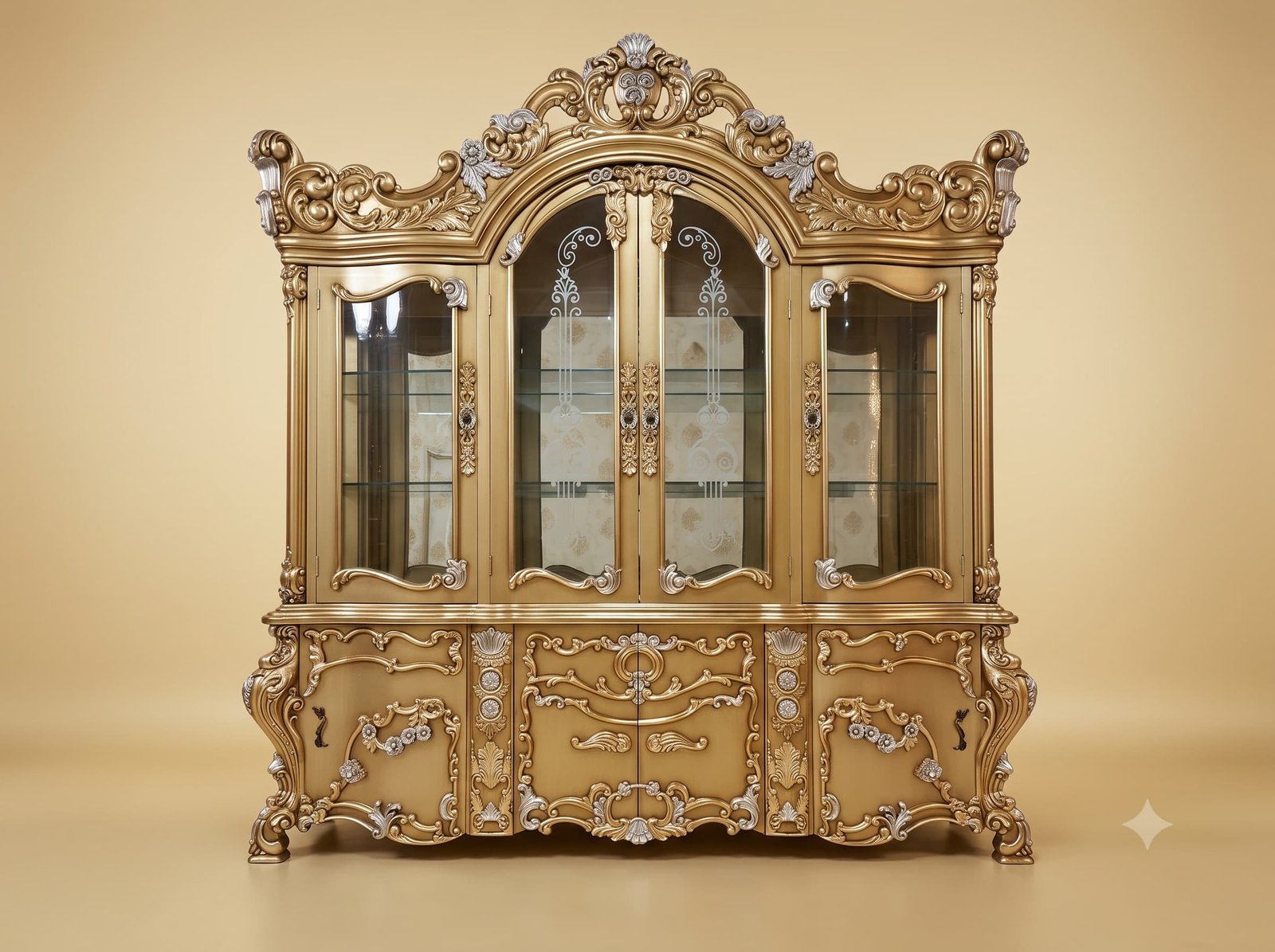 Crockery Cabinet in Carved Teak with Glazed Hutch and Carved Base
