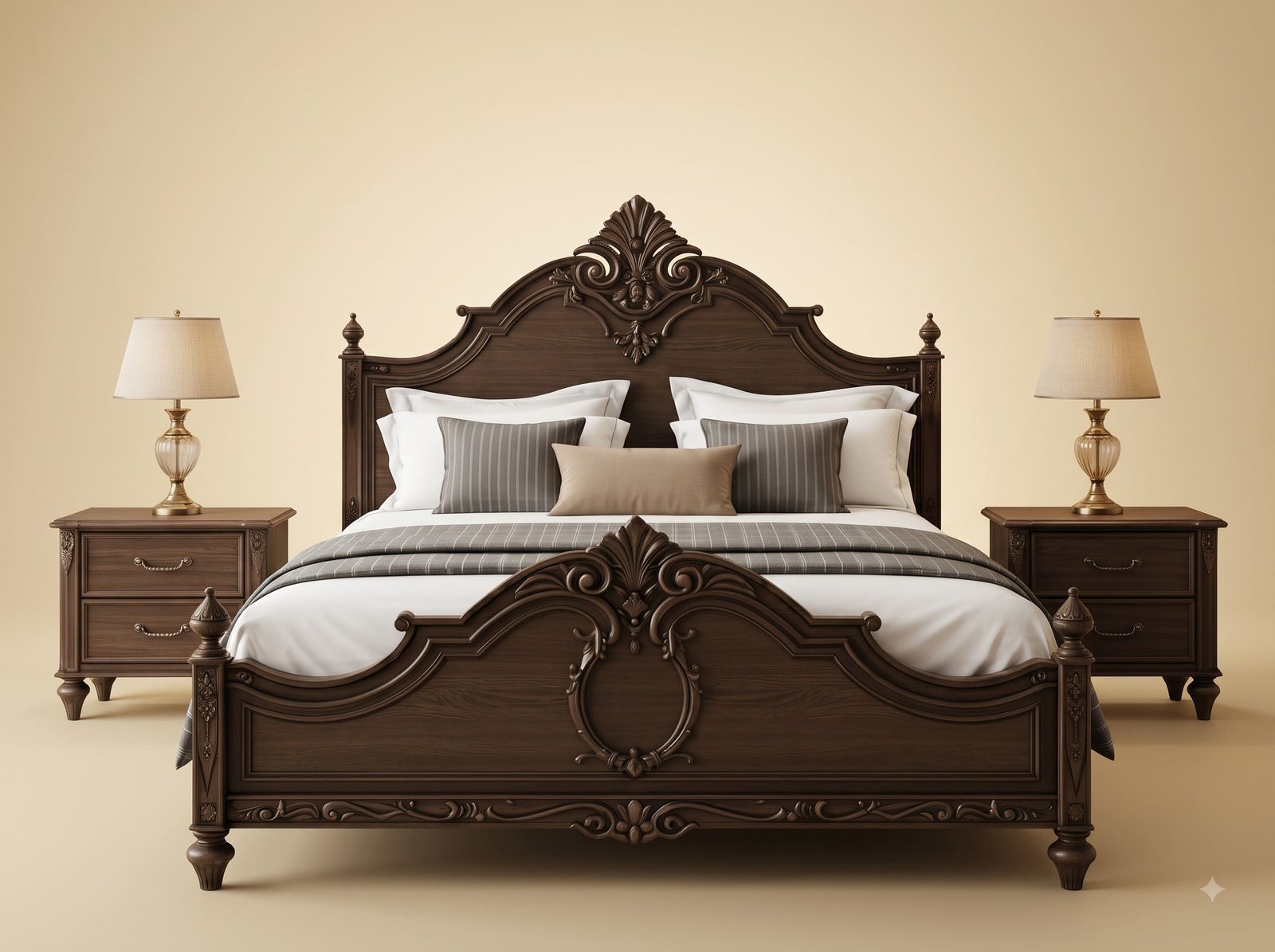 Royal Luxury Handcrafted Carved Teak Wood Bed Design | Dark Walnut King Size