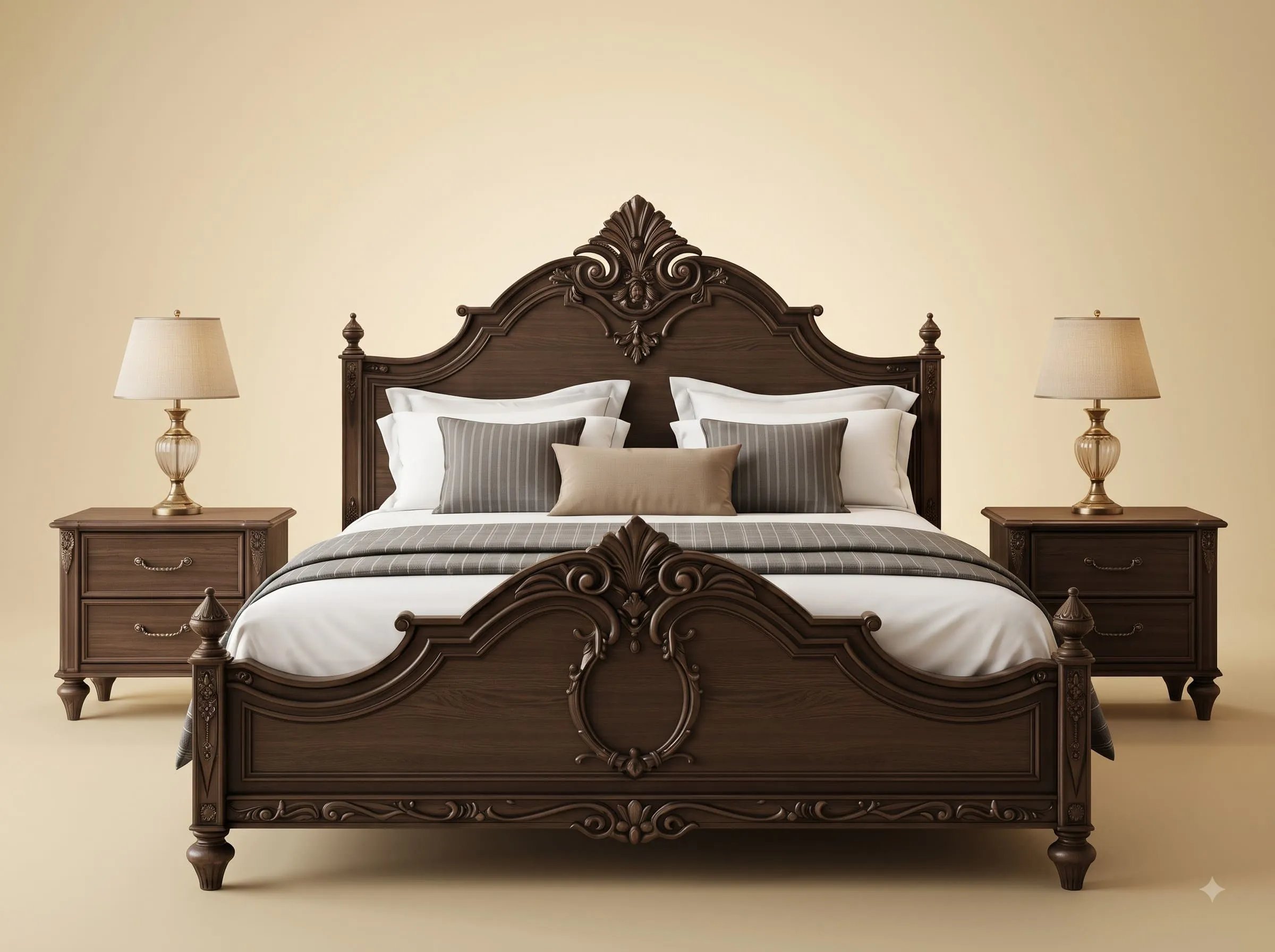 Royal Luxury Handcrafted Carved Teak Wood Bed Design | Dark Walnut King Size
