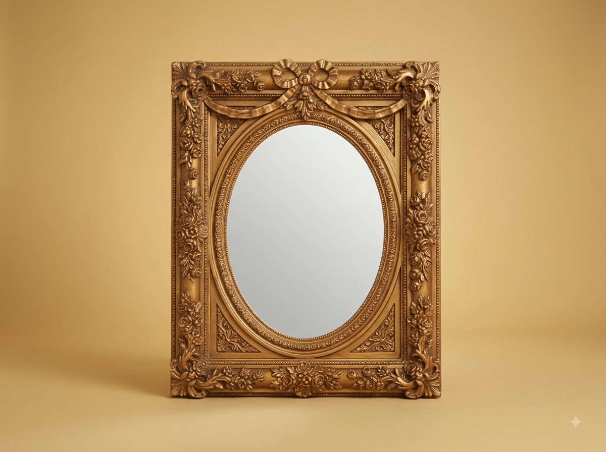 Hand-Carved Teak Wood Oval Mirror in Rectangular Frame | Gold Ribbon Bow Crest