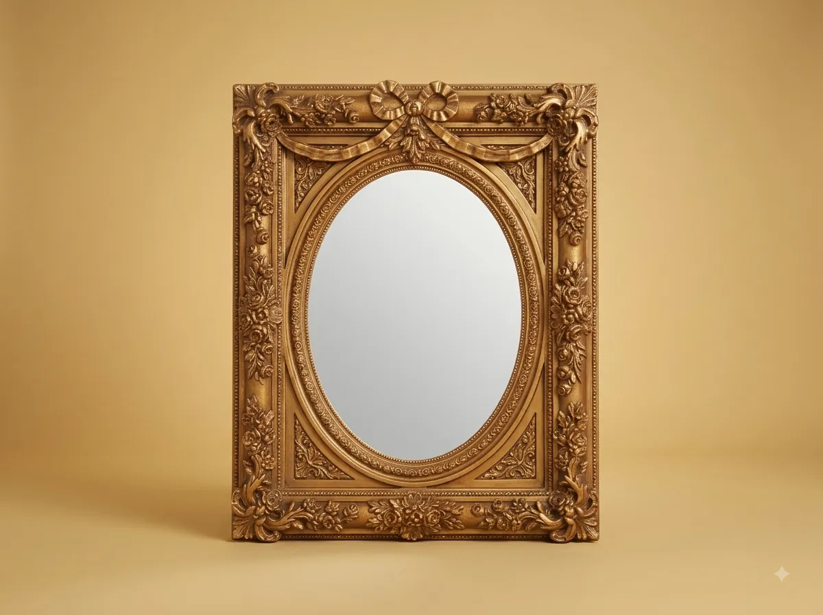 Hand-Carved Teak Wood Oval Mirror in Rectangular Frame | Gold Ribbon Bow Crest