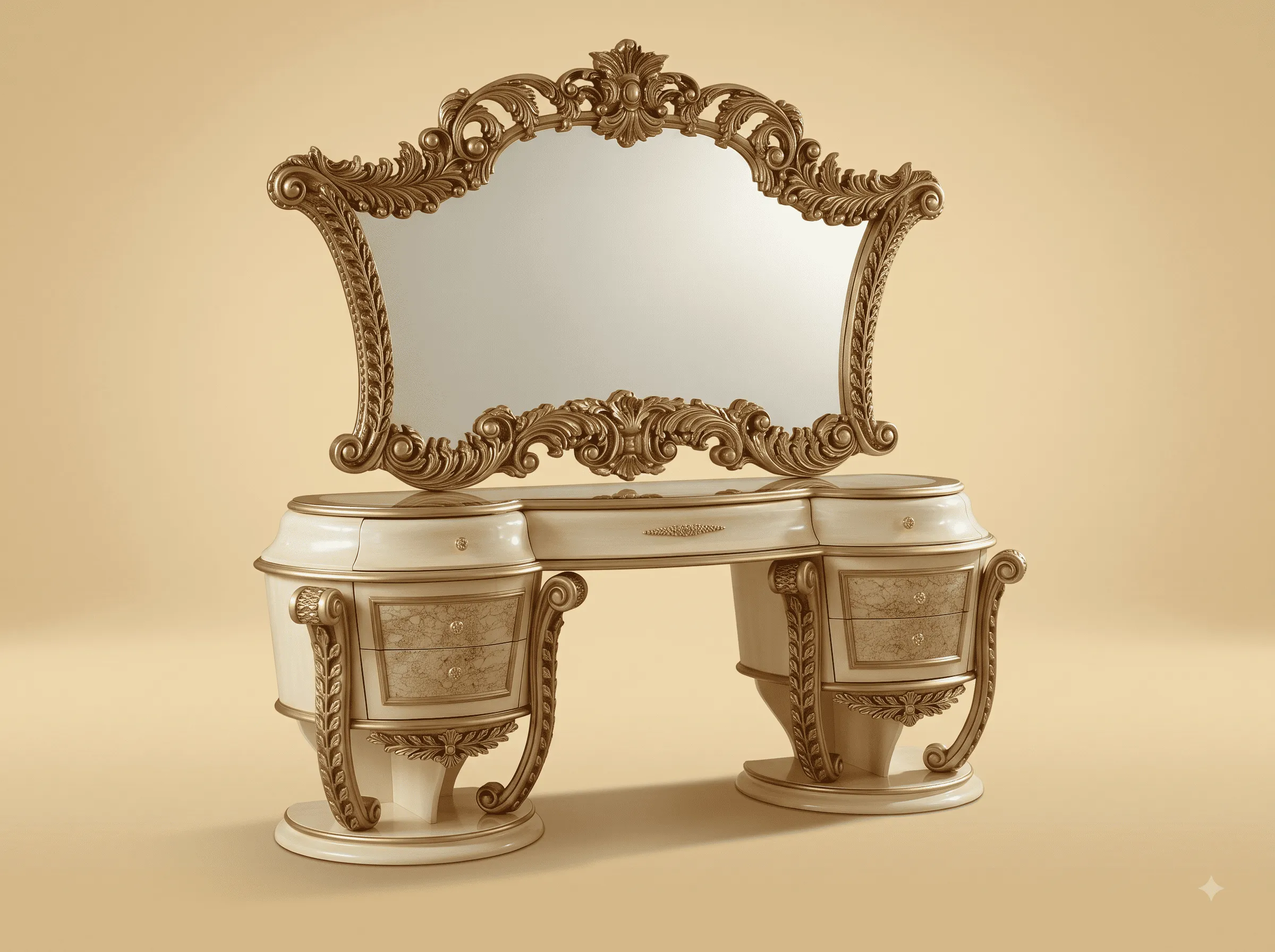 Antique Style Dressing Table in Carved Teak - Cream with Pedestal Drums