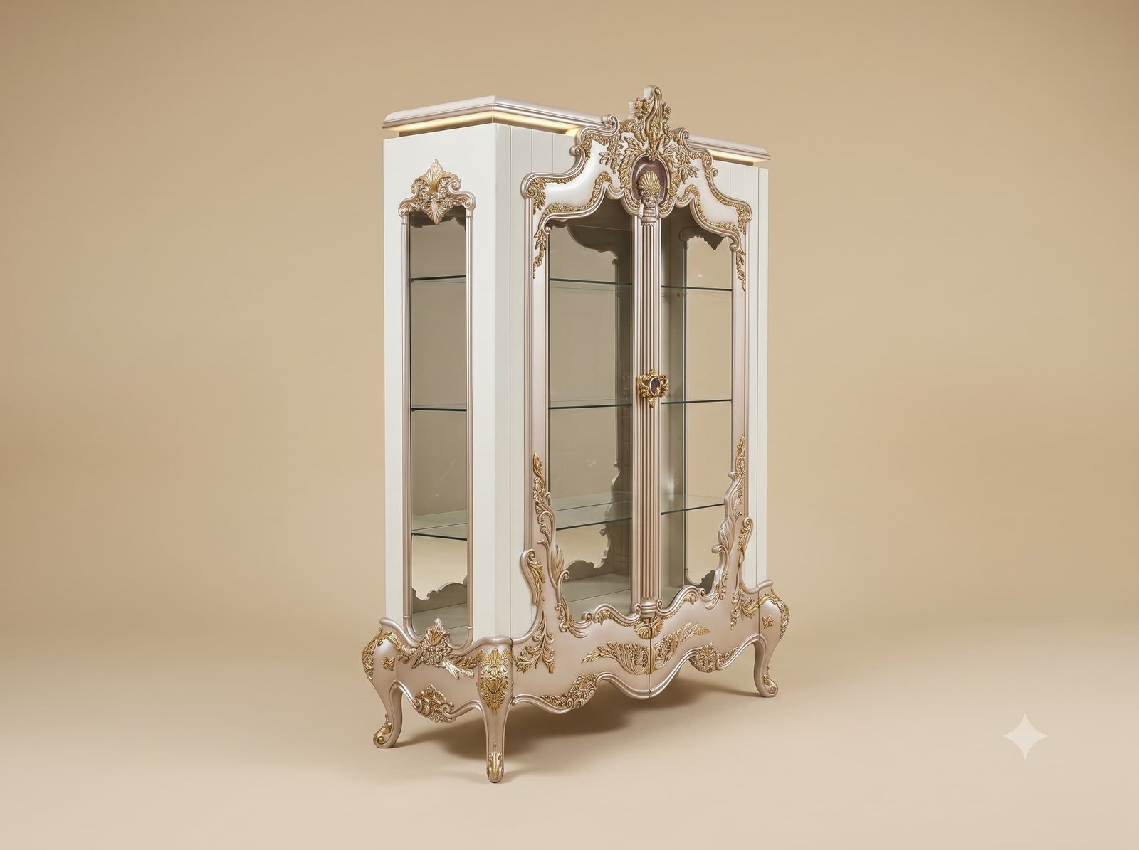Display Cabinet with Mirror Back in Pearl White and Gold