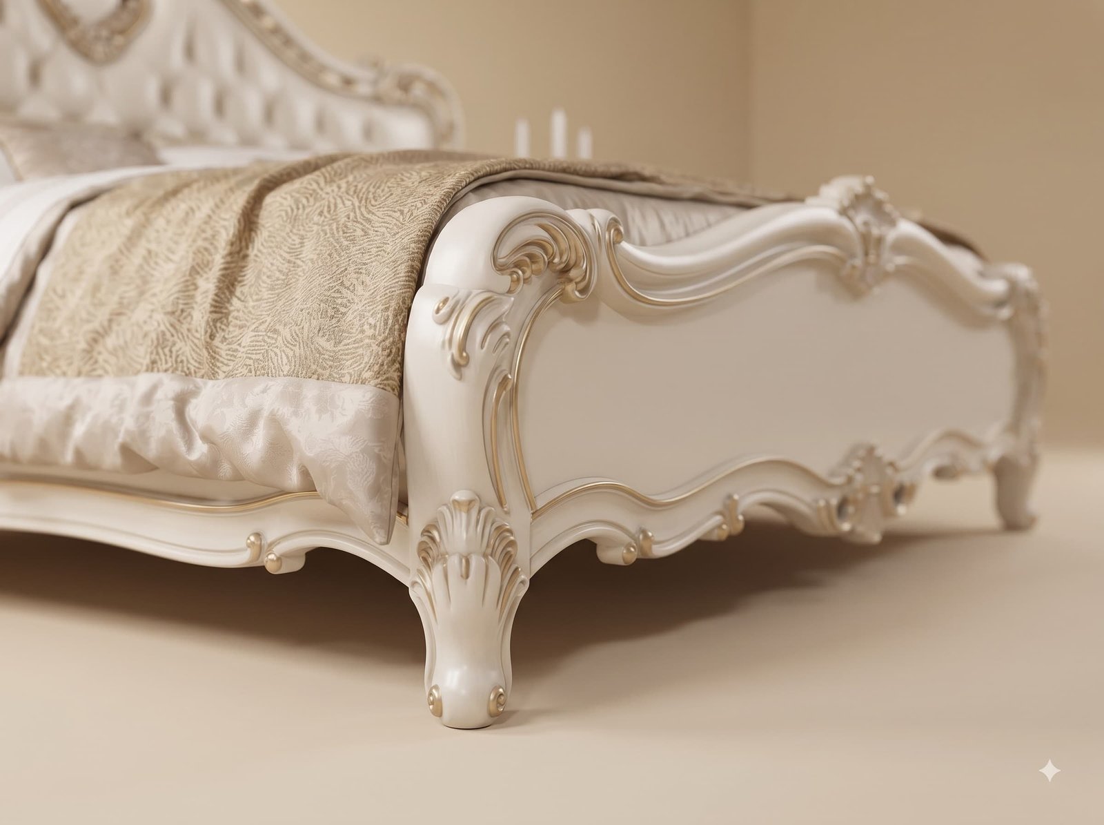 Teak Wood King Size Bed with Side Tables - Cream Heart Carved Headboard - Image 4