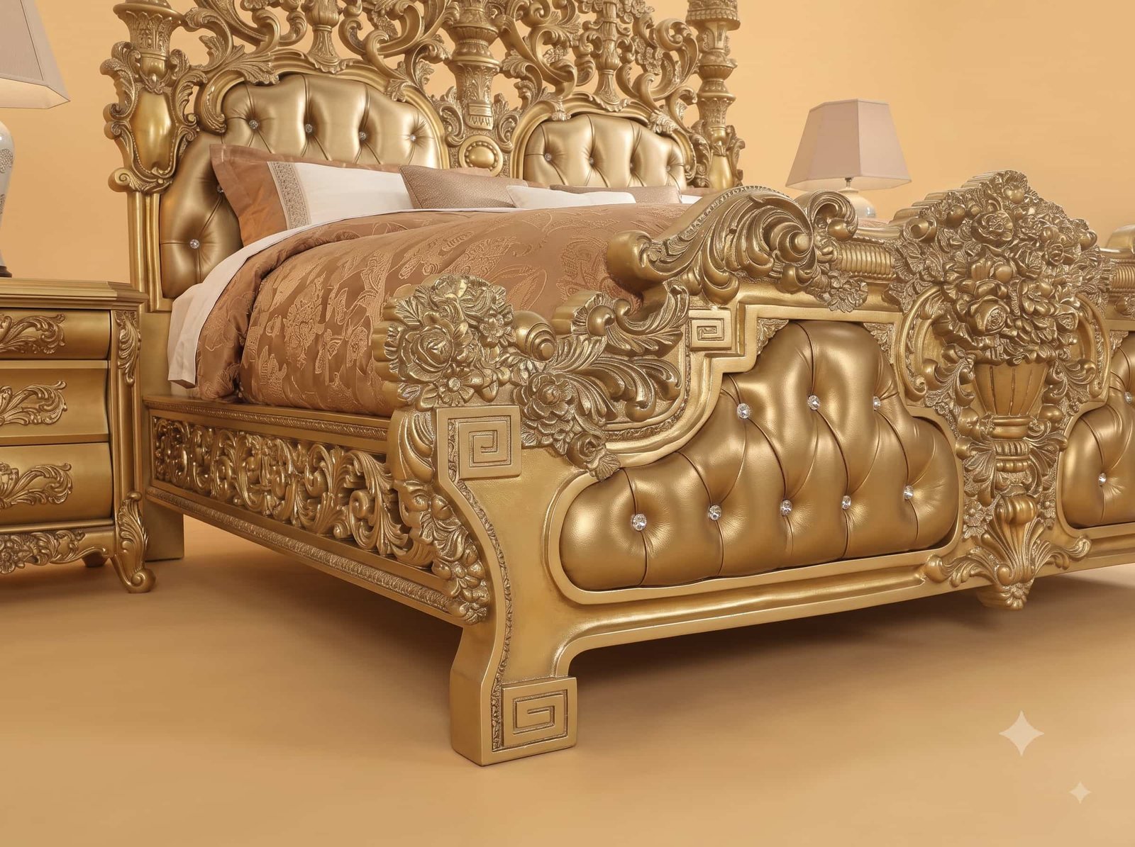 Baroque Bed in Carved Teak - Gold Finish with Greek Key Borders - Image 2