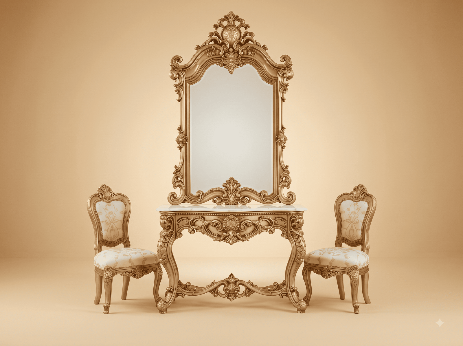 Console Dressing Table in Carved Teak - Stone Top with Mirror and Chairs