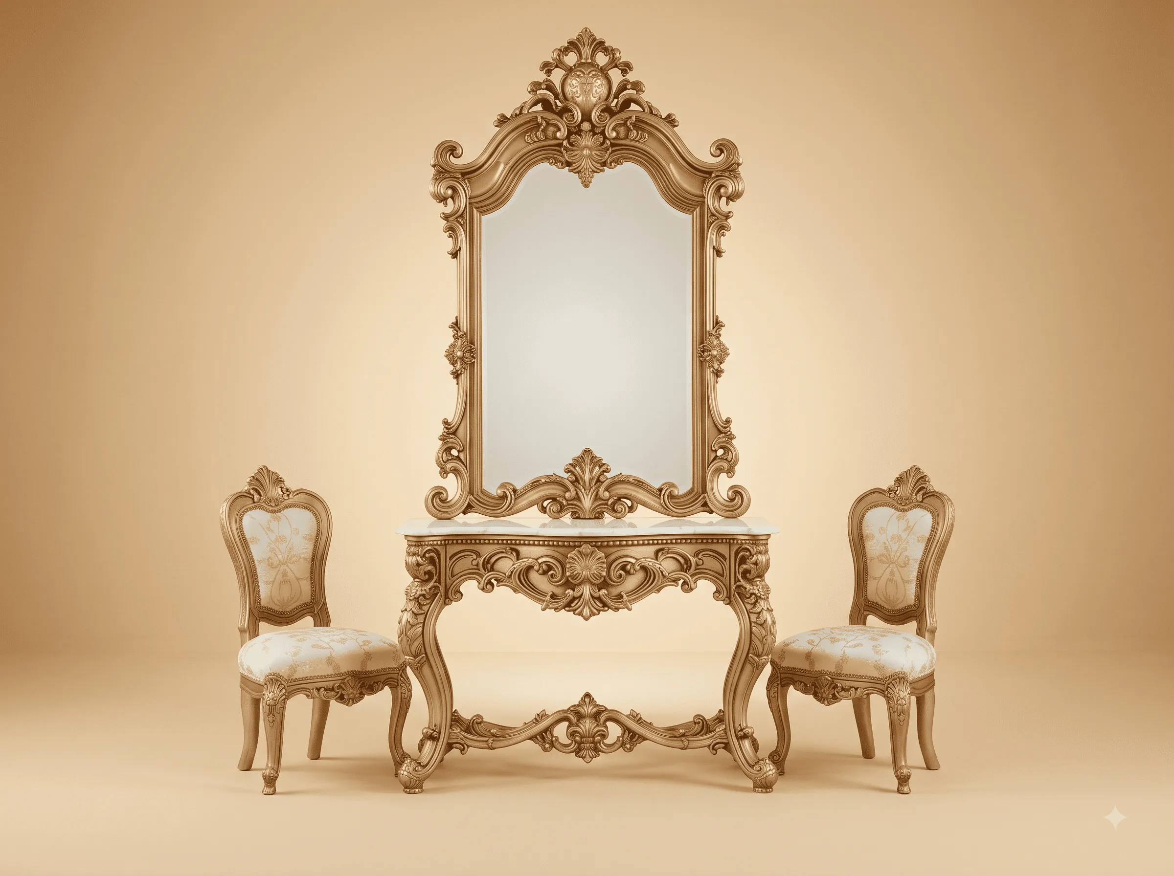 Console Dressing Table in Carved Teak - Stone Top with Mirror and Chairs