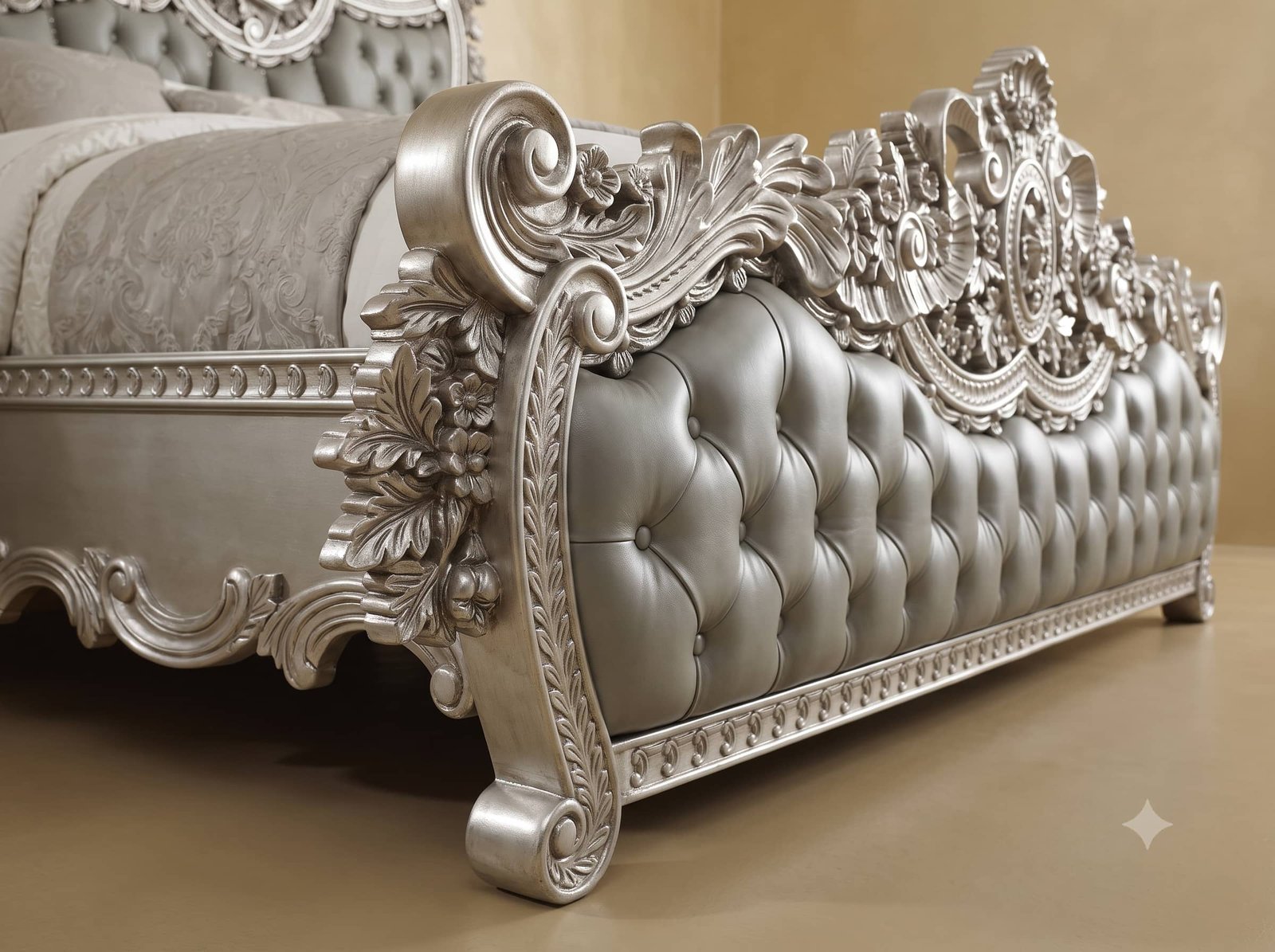 Silver Bed Design in Carved Teak - Grey Leather with Ribbon Carving - Image 2