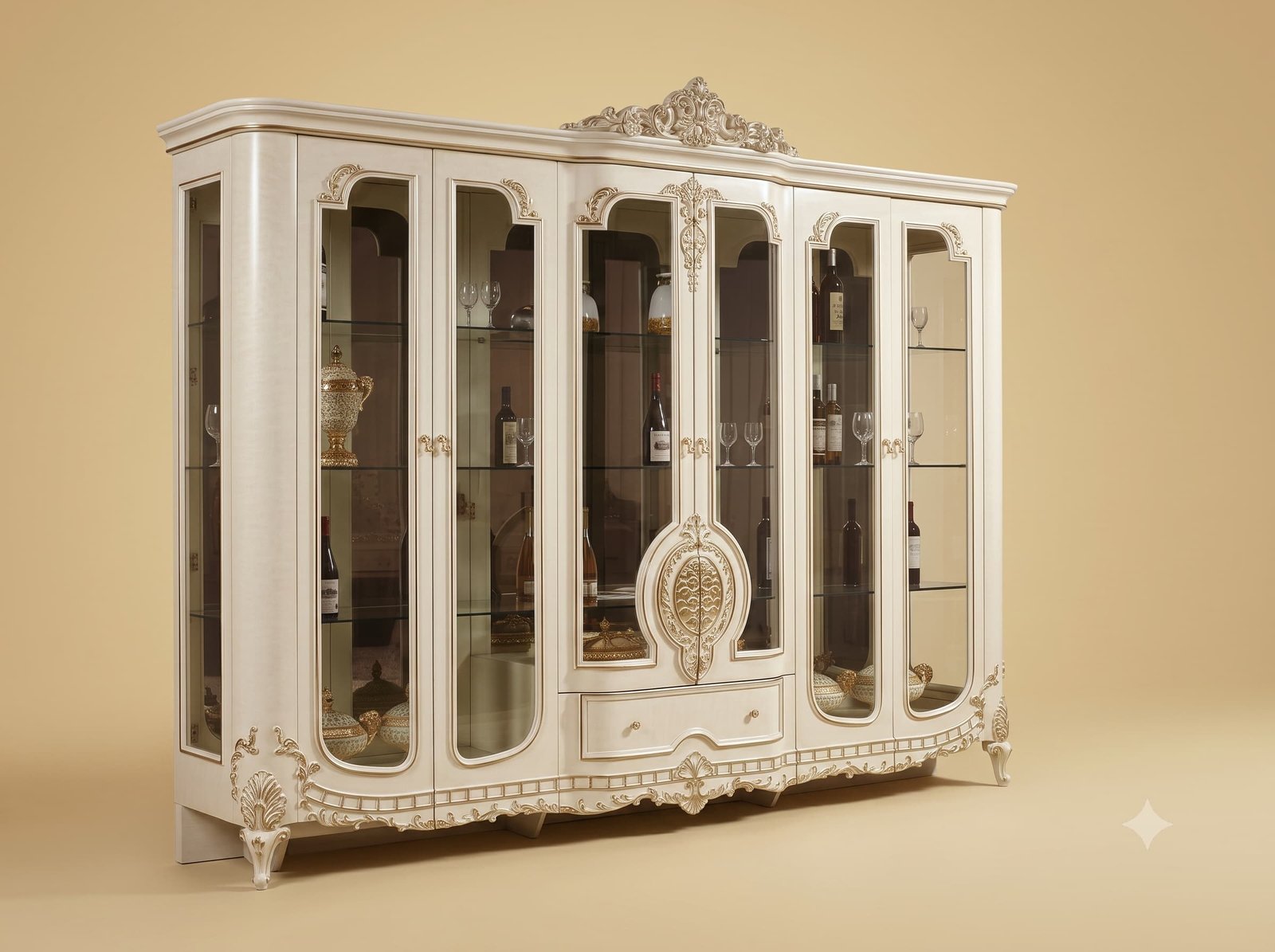 Living Room Showcase in Carved Teak with Six Glazed Doors