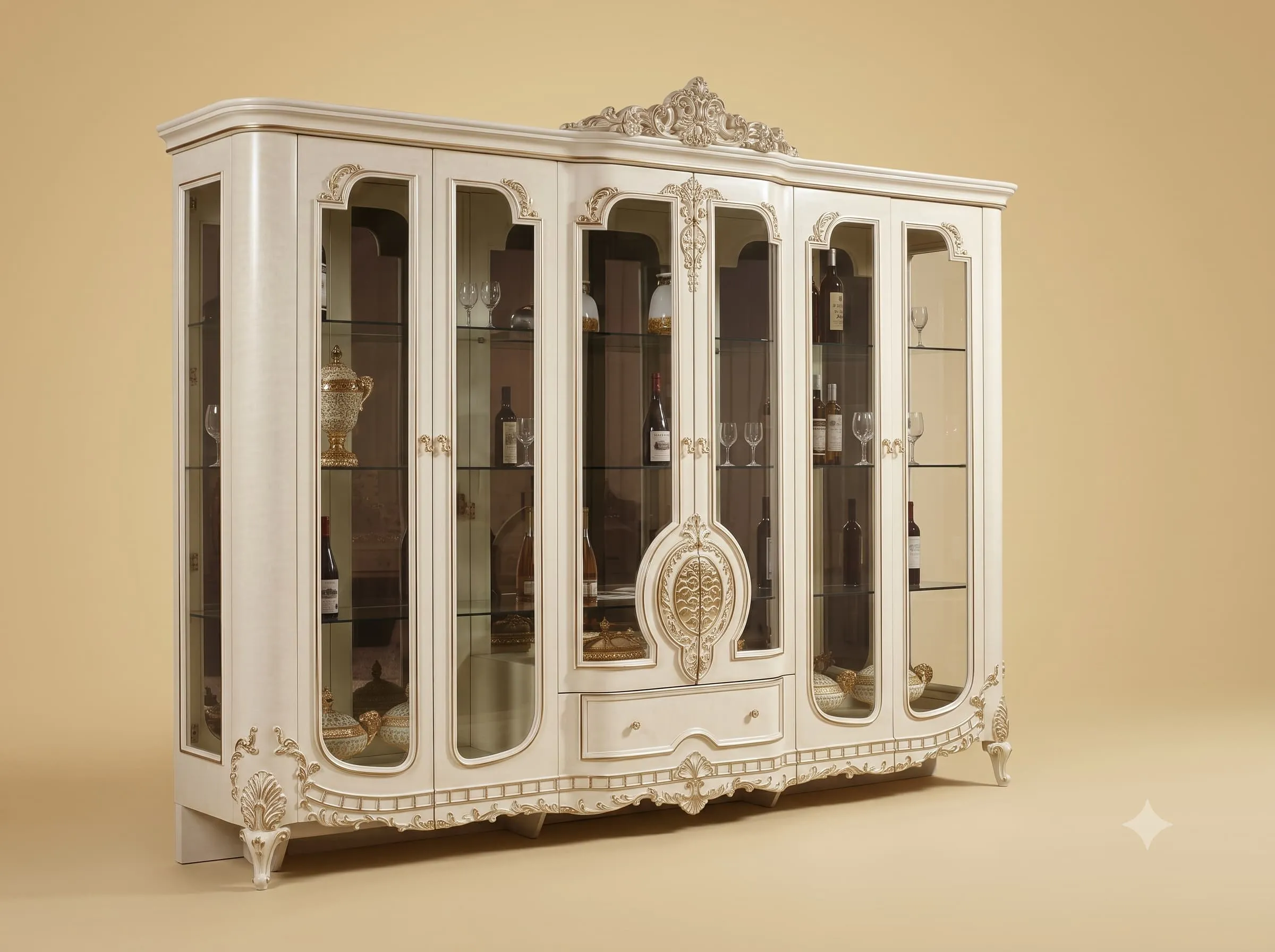 Living Room Showcase in Carved Teak with Six Glazed Doors