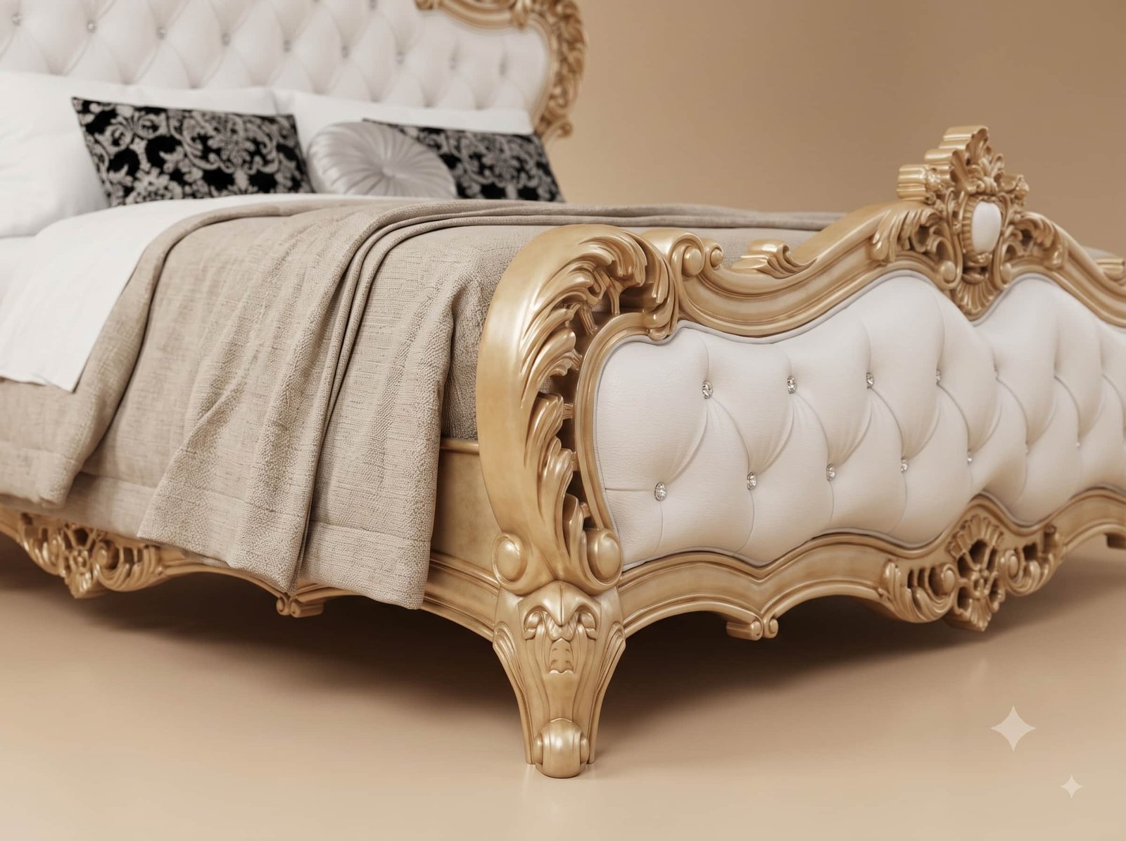 White Bed Design in Carved Teak - Buttoned Panels with Gold Frame - Image 3