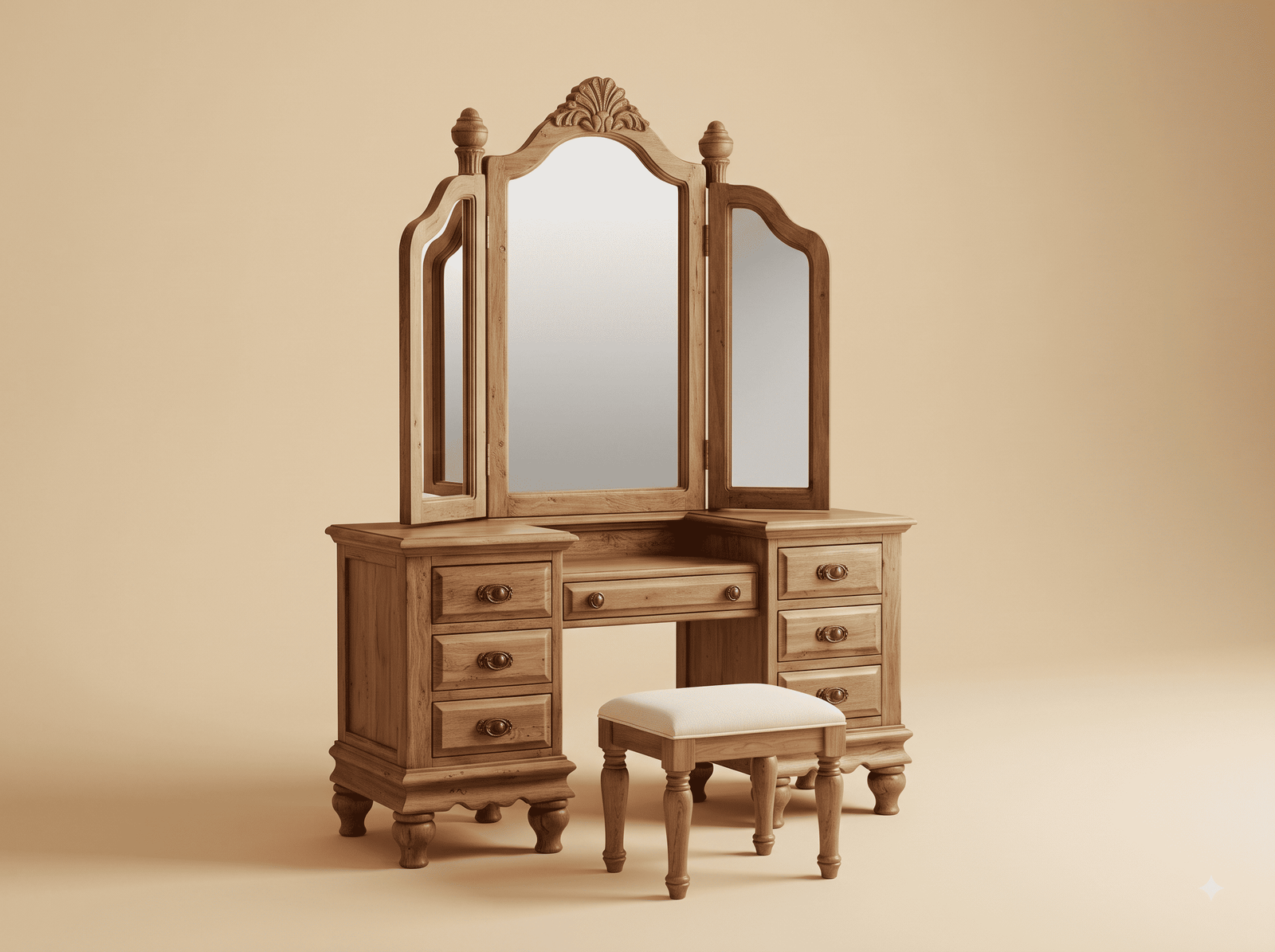 Solid Wood Dressing Table in Natural Teak - Trifold Mirror with Stool - Image 1