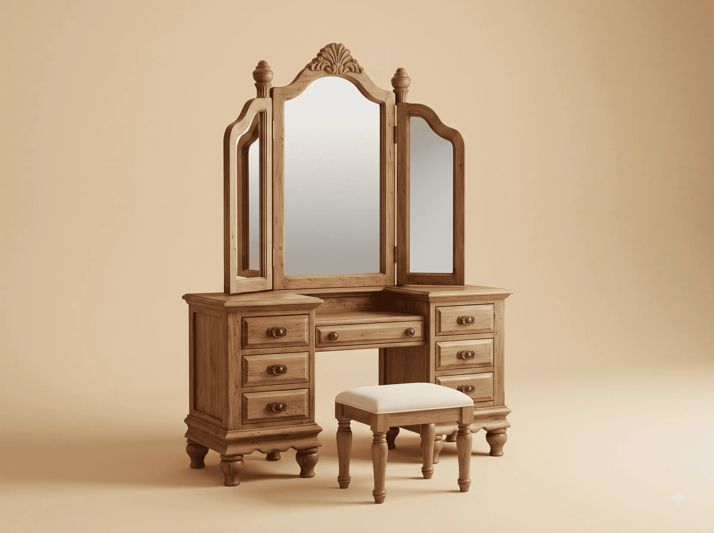 Solid Wood Dressing Table in Natural Teak - Trifold Mirror with Stool
