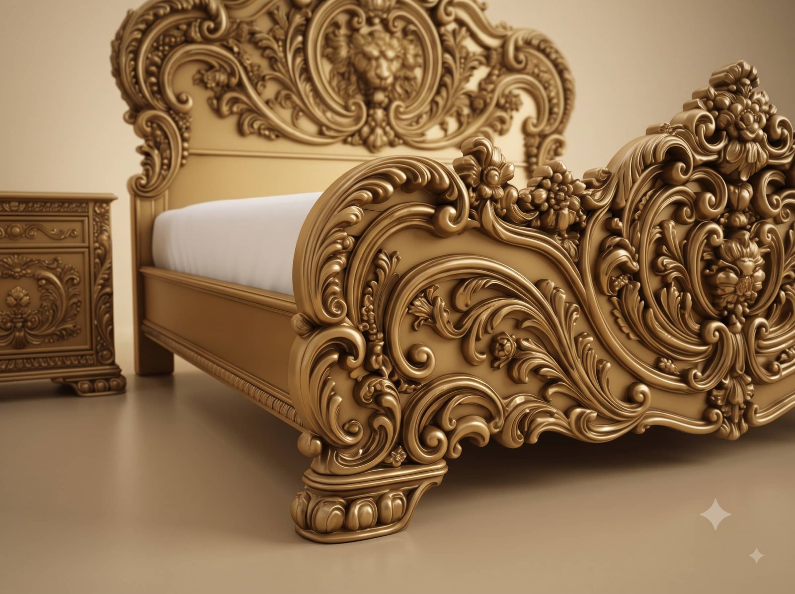 Hand Carved Wooden Bed in Teak - Lion Mask Headboard in Antique Gold - Image 2