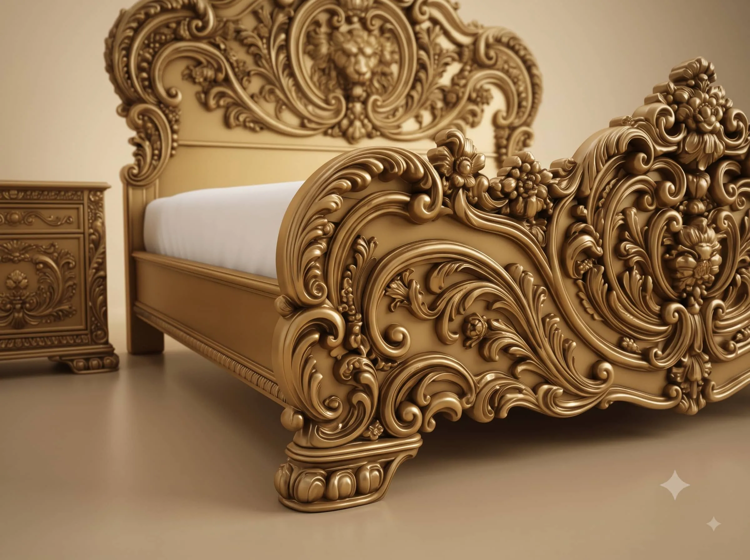 Hand Carved Wooden Bed in Teak - Lion Mask Headboard in Antique Gold