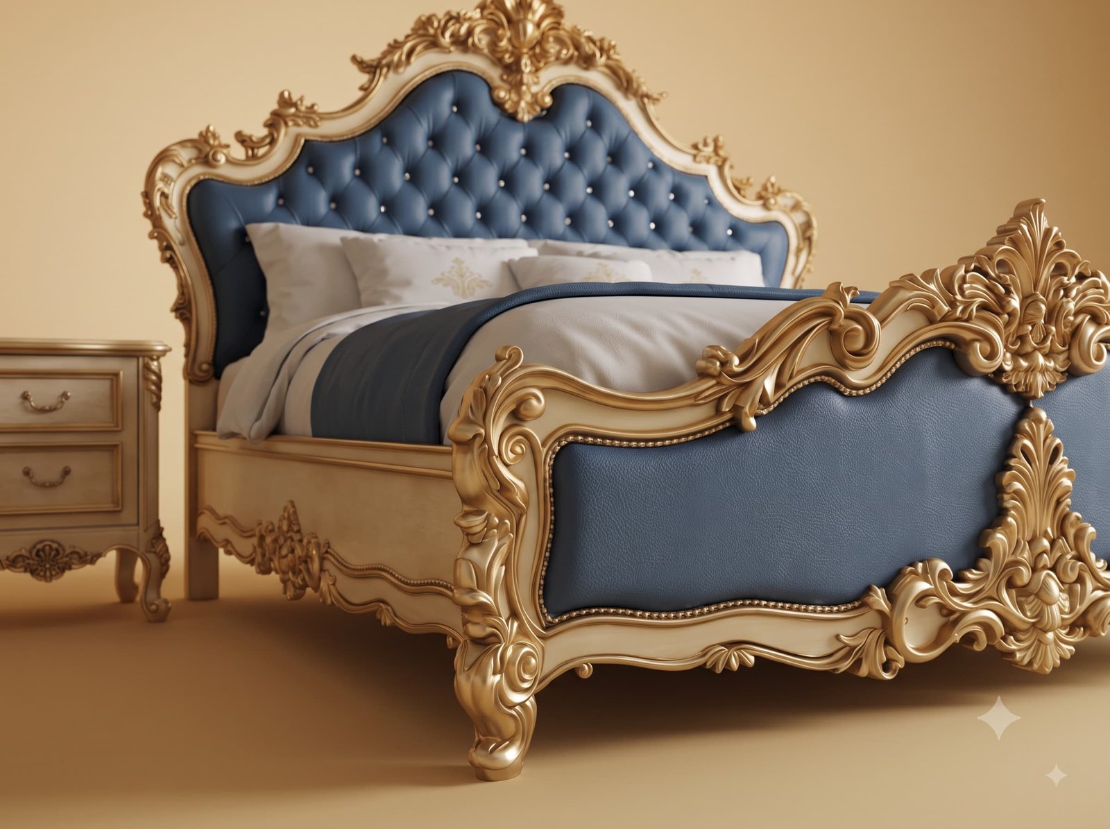 Blue Bed Design in Carved Teak - Ivory and Gold Frame with Tufted Head - Image 3
