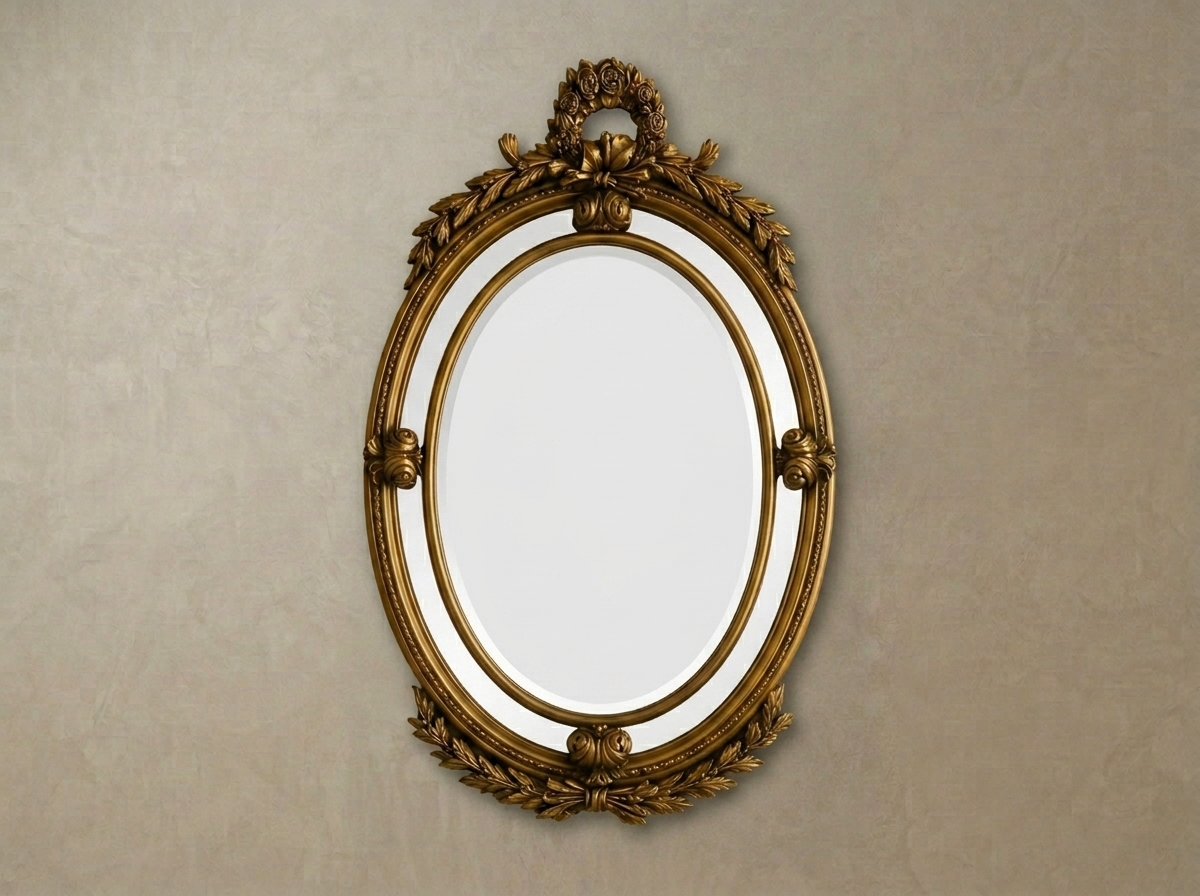French Style Baroque Hand Carved Oval Teak Wood Mirror Frame | Antique Gold PU Polish Wall Mirror