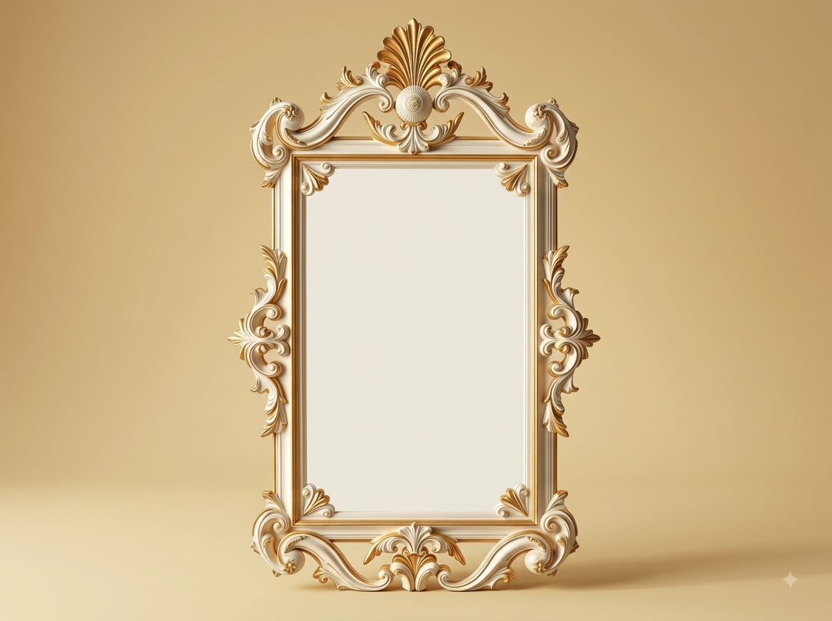 Hand-Carved Teak Wood Ivory and Gold Wall Mirror | Shell Crest Painted Frame