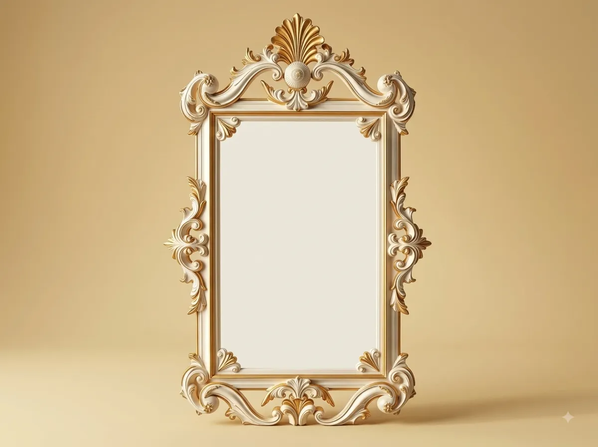 Hand-Carved Teak Wood Ivory and Gold Wall Mirror | Shell Crest Painted Frame