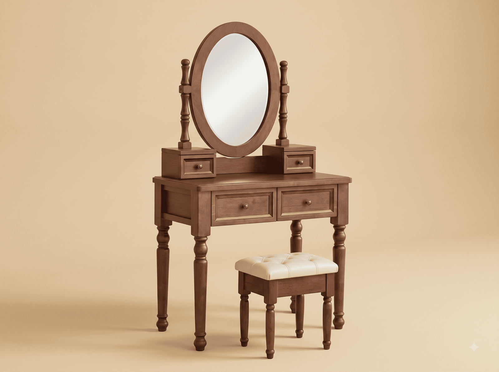 Dressing Table with Oval Mirror in Solid Teak - Turned Legs and Stool