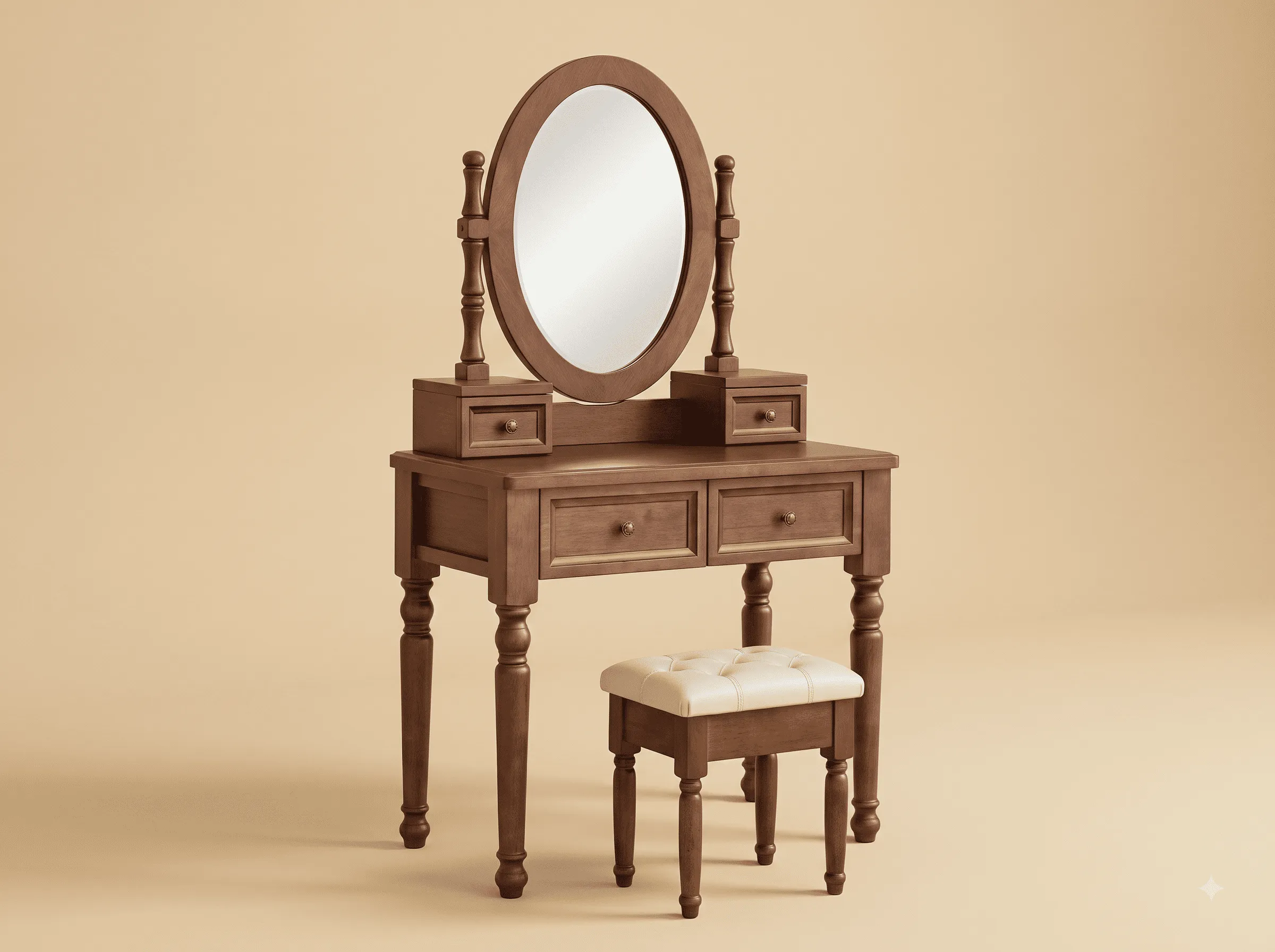 Dressing Table with Oval Mirror in Solid Teak - Turned Legs and Stool