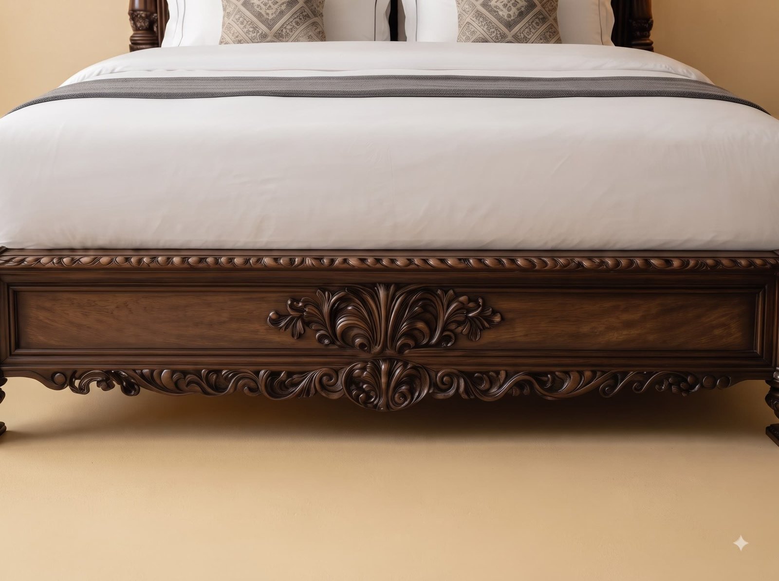 Wooden Double Bed in Carved Teak - Tall Arched Headboard with Posts - Image 3