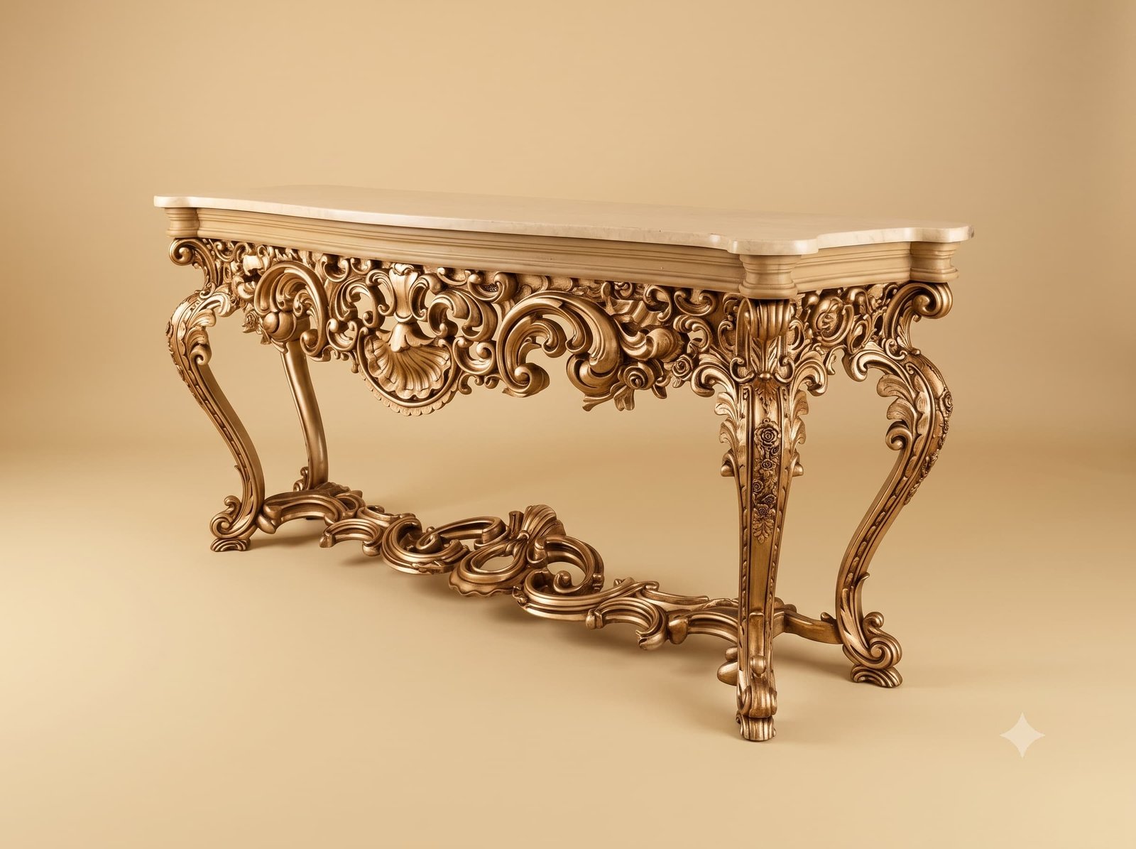 Long Console Table in Gilded Teak with Pale Marble Top