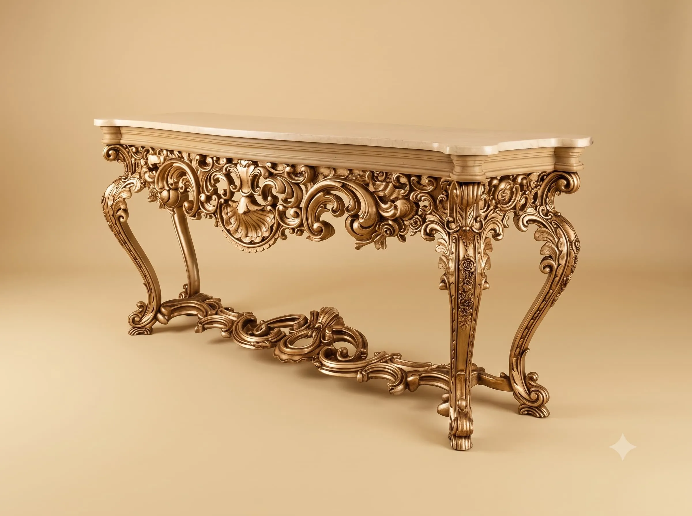 Long Console Table in Gilded Teak with Pale Marble Top