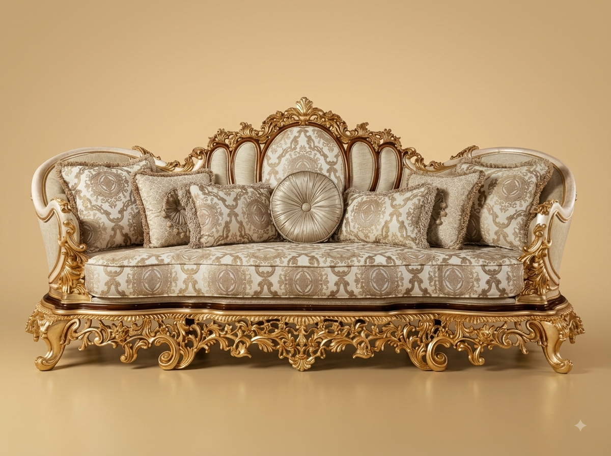 Royal Luxury Handcrafted Carved Teak Wood 3 Seater Sofa | Ivory and Gold Damask