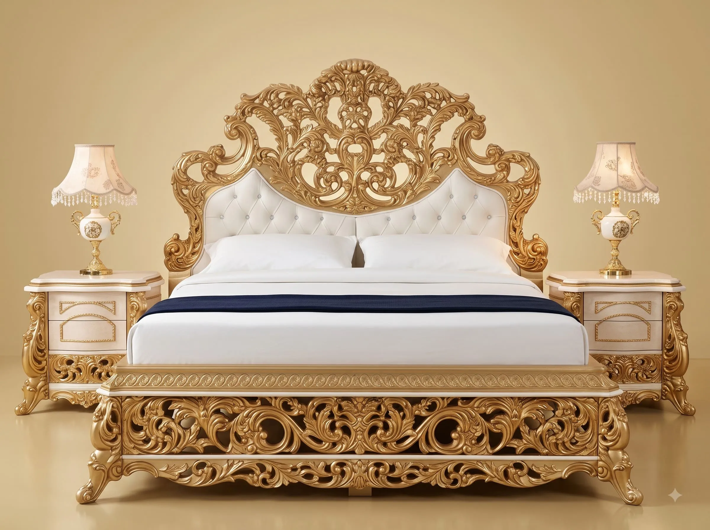 Royal Luxury Handcrafted Carved Teak Wood Bed | Gold Headboard Back Design