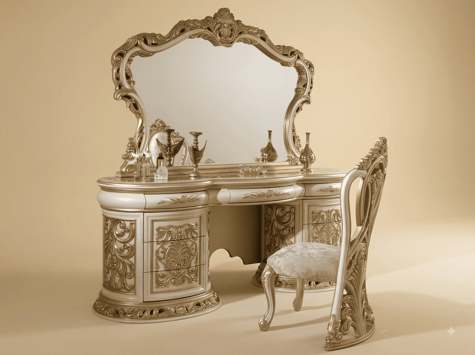 Vanity Table with Mirror in Carved Teak - Pearl Finish with Carved Chair
