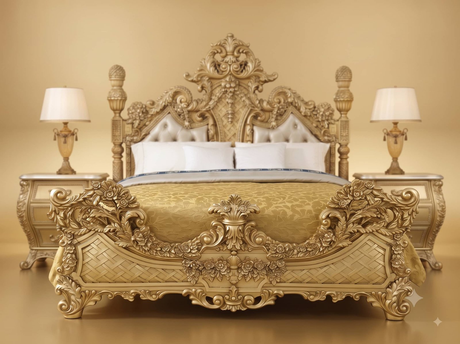 Wooden Cot Design in Carved Teak - Champagne with Carved Lattice Foot - Image 3