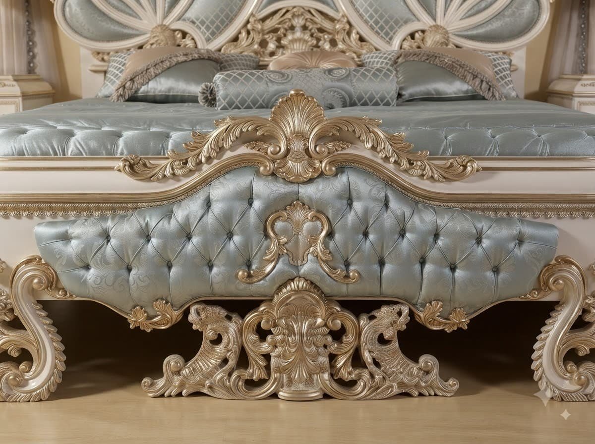 Canopy Bed with Curtains in Carved Teak - Ivory and Gold Corona - Image 3