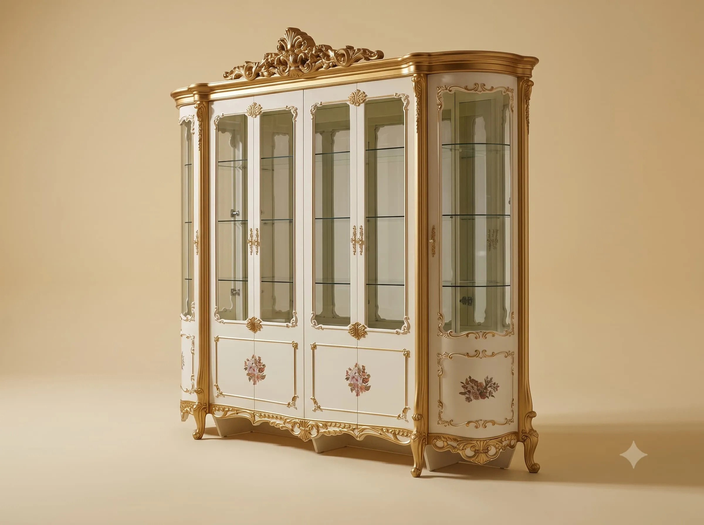 Four Door Showcase in Carved Teak with Painted Lower Panels